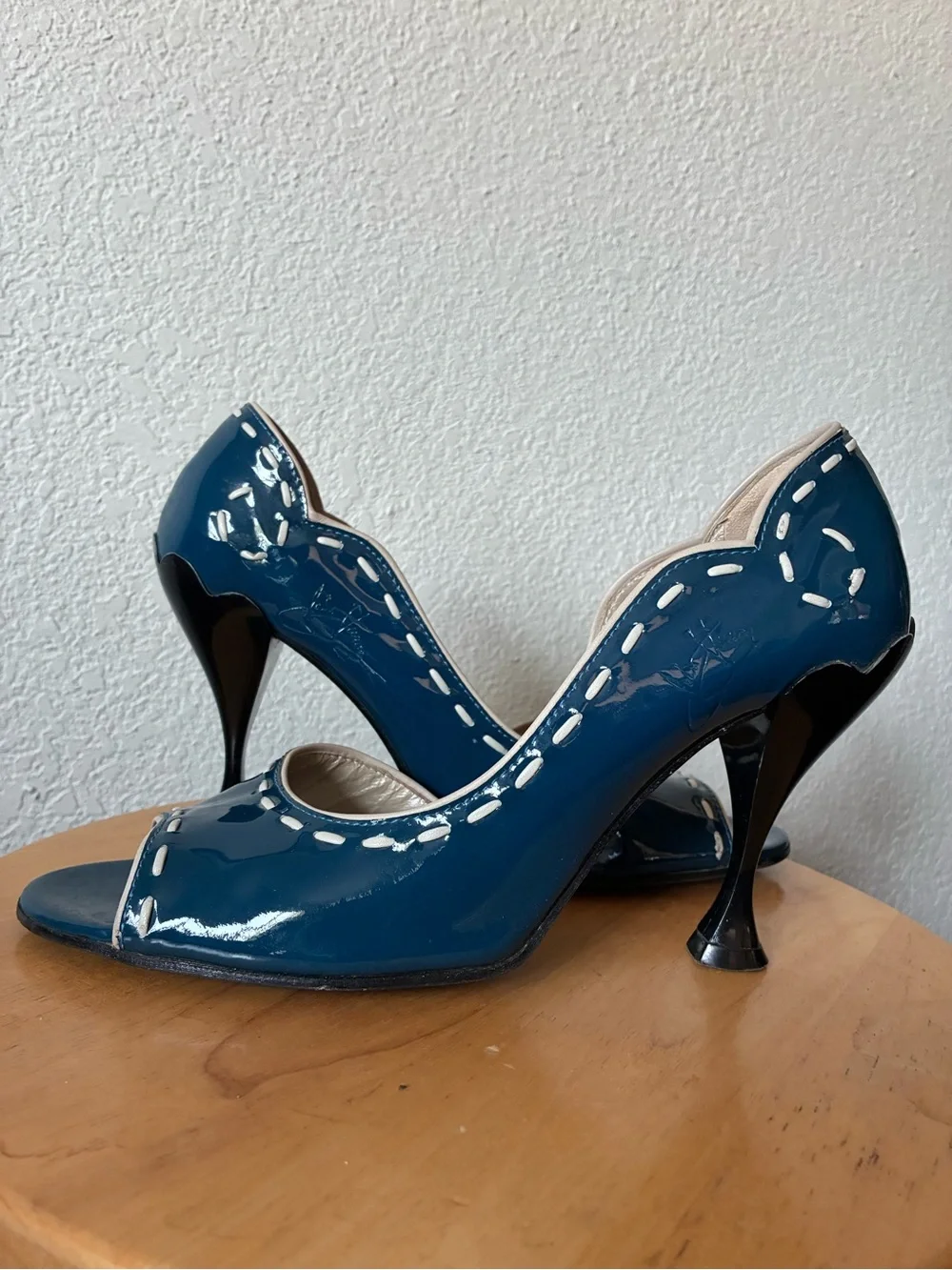 John Fluevog Hepburn Peep-Toe Heels with Black Flared Heels